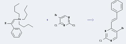 5-Bromo-2,4-dichloropyrimidinecan react with tributyl-styryl-stannane to produce 5-bromo-2-chloro-4-(b-styryl)pyrimidine